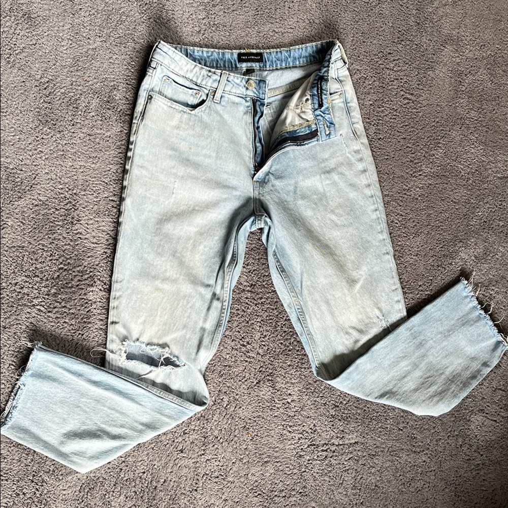High Rise Straight Leg Light Blue Distressed Jeans- Free Assembly